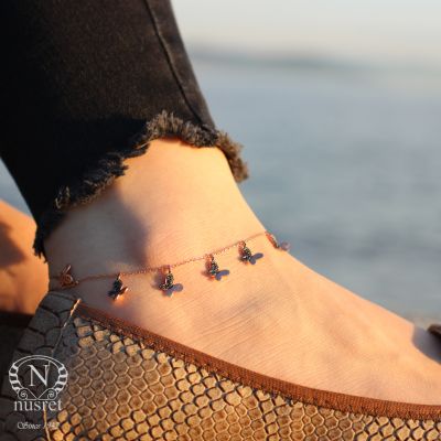 925 Sterling Silver Butterfly Anklet, Rose Gold Vermeiled - 3