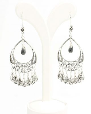 925 Sterling Silver Chandelier Filigree Earring with Black Pearl - 1