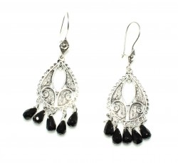 925 Sterling Silver Chandelier Filigree Earring with Onyx - Nusrettaki