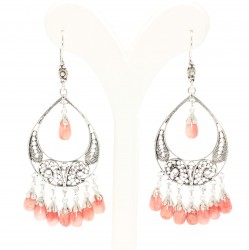 925 Sterling Silver Chandelier Filigree Earring with Pink Pearls - Nusrettaki