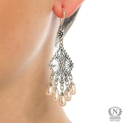 925 Sterling Silver Chandelier Filigree Earring with Pinky Pearls - Nusrettaki
