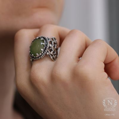 925 Sterling Silver Constantinople Design Jade Stone Ring - 5