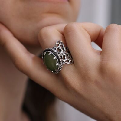 925 Sterling Silver Constantinople Design Jade Stone Ring - 4