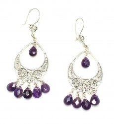 925 Sterling Silver Crescent Model Filigree Earring with Amethyst - Nusrettaki