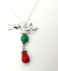 925 Sterling Silver Deer Necklace, With Coral and Jade - 1