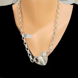 925 Sterling Silver Doch Chain Heart Necklace, White Stone - Nusrettaki