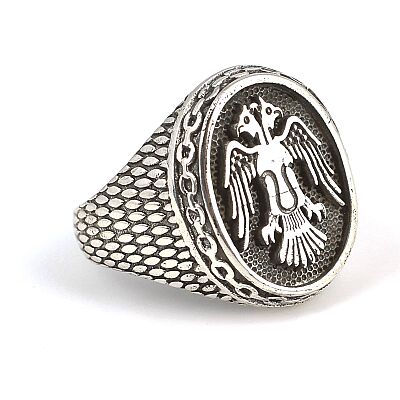 925 Sterling Silver Double Head Anatolian Eagle Men Ring - 3