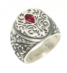 925 Sterling Silver Drop Shape Zircon Ruby Stone Man Ring - Nusrettaki