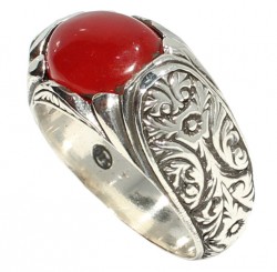 925 Sterling Silver Ellipse Agat Flower Pattern Men Ring - Nusrettaki