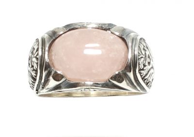 925 Sterling Silver Ellipse Pink Quartz Flower Pattern Men Ring - 2