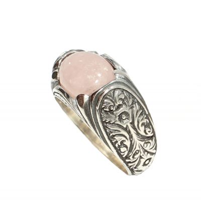 925 Sterling Silver Ellipse Pink Quartz Flower Pattern Men Ring - 3
