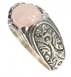 925 Sterling Silver Ellipse Pink Quartz Flower Pattern Men Ring - Nusrettaki