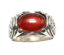 925 Sterling Silver Ellipse Red Agate Flower Pattern Men Ring - Nusrettaki (1)