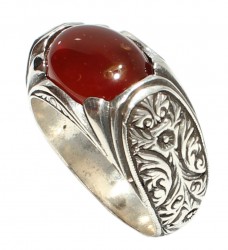 925 Sterling Silver Ellipse Red Agate Flower Pattern Men Ring - Nusrettaki