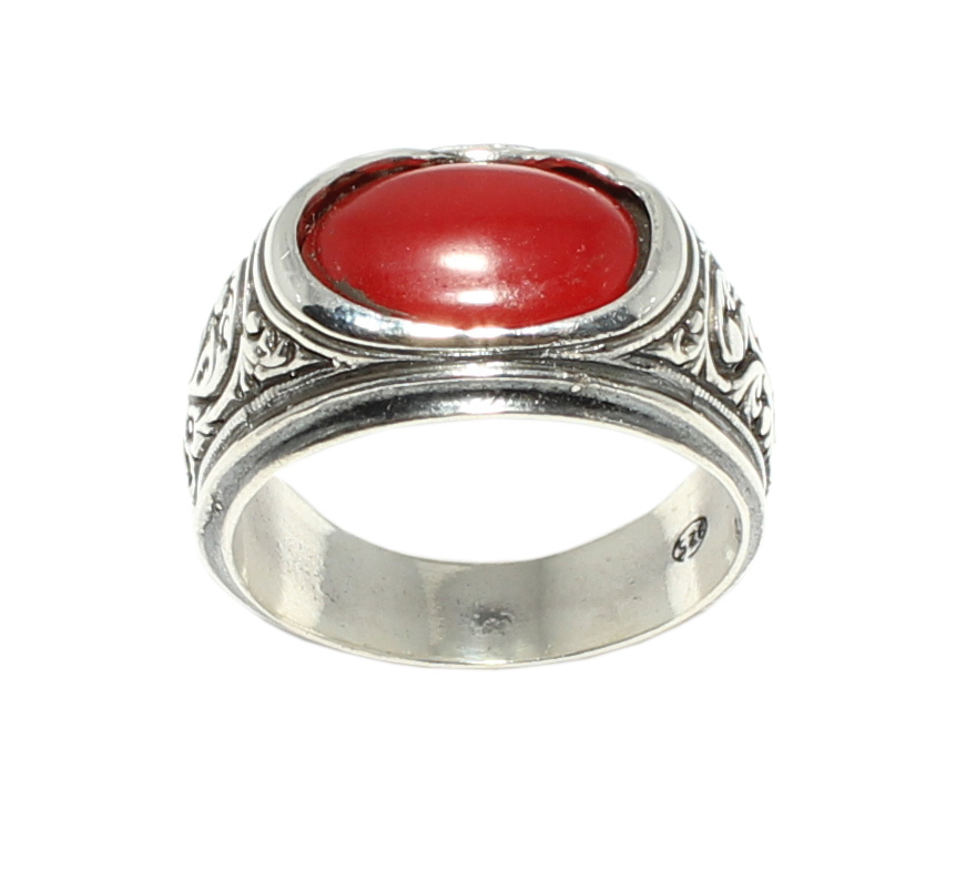 925 Sterling Silver Ellipse Red Agate Men Ring