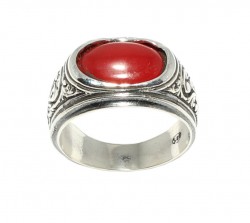 925 Sterling Silver Ellipse Red Agate Men Ring - 2