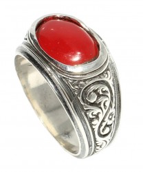 925 Sterling Silver Ellipse Red Agate Men Ring - 1
