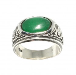 925 Sterling Silver Ellipse Stone Green Agate Pattern Men Ring - 2