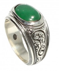 925 Sterling Silver Ellipse Stone Green Agate Pattern Men Ring - Nusrettaki
