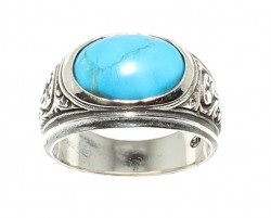 925 Sterling Silver Ellipse Turquoise Stone Men Ring - 2