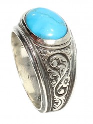 925 Sterling Silver Ellipse Turquoise Stone Men Ring - Nusrettaki
