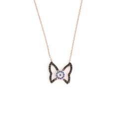925 Sterling Silver Evil Eye and Butterfly Necklace with CZ - Nusrettaki