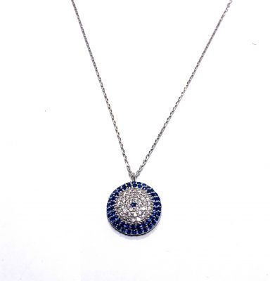 925 Sterling Silver Evil Eye Necklace, White Gold Plated - 1