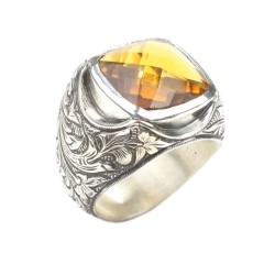 925 Sterling Silver Facet's Citrin Stone Man Ring - Nusrettaki