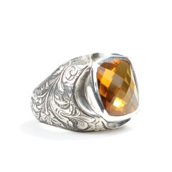 925 Sterling Silver Facet's Citrin Stone Man Ring - Nusrettaki (1)