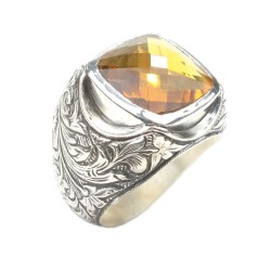 925 Sterling Silver Facet's Citrin Stone Man Ring - 5