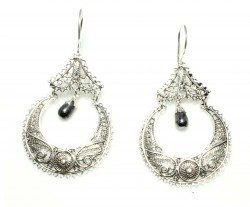 925 Sterling Silver Filigree Earring with Black Pearl - Nusrettaki