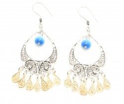 925 Sterling Silver Filigree Earring with Blue Catseye Stone - 2
