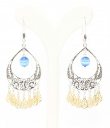 925 Sterling Silver Filigree Earring with Blue Catseye Stone - 1