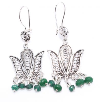 925 Sterling Silver Filigree Earring with Emerald - 3