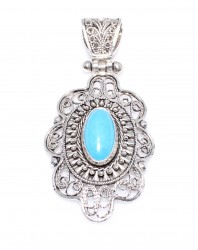 925 Sterling Silver Filigree Silver Pendant, Turquoise Stone - Nusrettaki