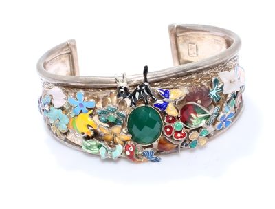 925 Sterling Silver Flower Garden Cuff Bracelet with Green Stone - 2