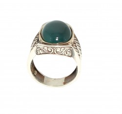 925 Sterling Silver Green Agate Oval Stone Men's Ring - Nusrettaki (1)