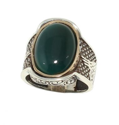 925 Sterling Silver Green Agate Oval Stone Men's Ring - 3