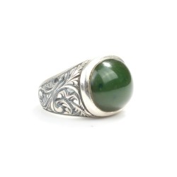 925 Sterling Silver Green Color Amber Stone, Handcarved Man Ring - 2