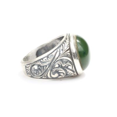 925 Sterling Silver Green Color Amber Stone, Handcarved Man Ring - 3