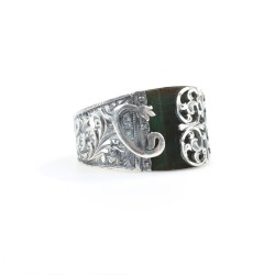 925 Sterling Silver Green Color Stone Handcarved Man Ring - 1