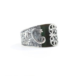 925 Sterling Silver Green Color Stone Handcarved Man Ring - Nusrettaki