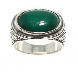 925 Sterling Silver Green Ellipse Agate Men Ring - 2