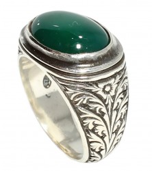 925 Sterling Silver Green Ellipse Agate Men Ring - 1
