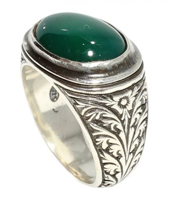 925 Sterling Silver Green Ellipse Agate Men Ring - 1