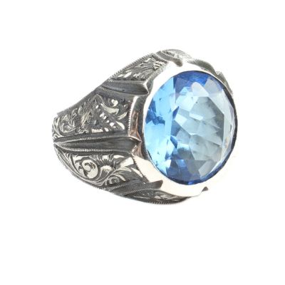 925 Sterling Silver Hand Carved Men Ring with Aquamarine - 2