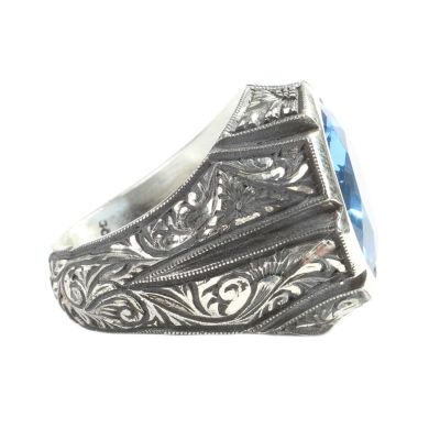 925 Sterling Silver Hand Carved Men Ring with Aquamarine - 3