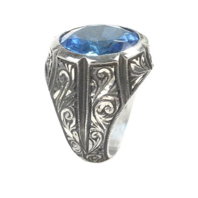 925 Sterling Silver Hand Carved Men Ring with Aquamarine - 5