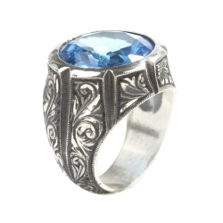 925 Sterling Silver Hand Carved Men Ring with Aquamarine - 6
