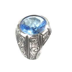 925 Sterling Silver Hand Carved Men Ring with Aquamarine - 7